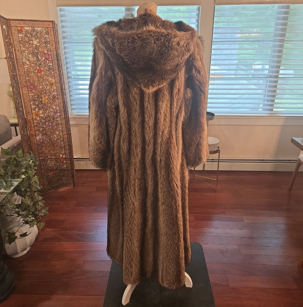 VTG 80s Genuine Hooded Racoon Fur Full Length Maxi Coat Mob Wife Glam Festival S - Picture 6 of 9